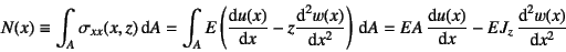 \begin{displaymath}
N(x) \equiv \int_A \sigma_{xx}(x,z) \dint A
= \int_A E\left...
...x)}{x}\right)\dint A
= EA \D*{u(x)}{x}-EJ_z \D*[2]{w(x)}{x}
\end{displaymath}