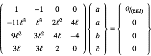 \begin{displaymath}
\left(\begin{array}{cccc}
1 & -1 & 0 & 0 \\
-11\ell^3 & \...
...n{array}{c} \slfrac{Q}{(6EI)}  0 0 0 \end{array}\right\}
\end{displaymath}