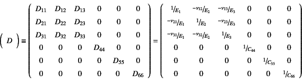 \begin{displaymath}
\mat{D} \equiv \left(\begin{array}{cccccc}
D_{11} & D_{12} ...
...
0 & 0 & 0 & 0 & 0  & \slfrac{1}{C_{66}} \end{array}\right)
\end{displaymath}