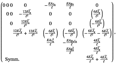 $\displaystyle \left(\begin{array}{@{}c@{ }c@{ }c@{}cccc@{}}
0 & 0 & 0 & 0 & -\f...
...rac{4E\widetilde{J_y}}{\ell}+\frac{4E\widetilde{J_z}}{\ell}
\end{array}\right),$
