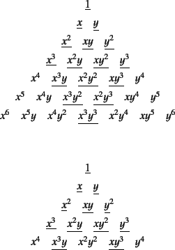 \begin{table}
\begin{center}
$\underline{1}$\\
$\underline{x}\quad\underline{y}...
...erline{x^3 y}\quad x^2y^2\quad\underline{xy^3}\quad y^4$
\end{center}\end{table}