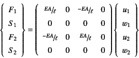 \begin{displaymath}
\left\{\begin{array}{c} F_1 S_1 F_2 S_2 \end{array}\ri...
...ft\{\begin{array}{c} u_1 w_1 u_2 w_2 \end{array}\right\}
\end{displaymath}