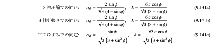 \begin{manyeqns}
\mbox{3軸圧縮での同定:} & \quad &
\alpha_\phi=\dfrac{2 \sin\p...
...dfrac{\sqrt{3} c \cos\phi}{\sqrt{3 \left(3+\sin^2\phi\right)}}
\end{manyeqns}