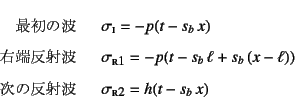 \begin{eqnarray*}
\mbox{最初の波} & \quad & \sigma\subsc{i}=-p(t-s_b x) \\
\mb...
...l)) \\
\mbox{次の反射波} & \quad & \sigma\subsc{r2}=h(t-s_b x)
\end{eqnarray*}