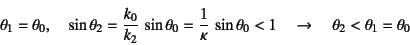 \begin{displaymath}
\theta_1=\theta_0, \quad
\sin\theta_2=\dfrac{k_0}{k_2} \si...
...} \sin\theta_0 < 1 \quad\to\quad \theta_2<\theta_1=\theta_0
\end{displaymath}