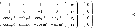 \begin{displaymath}
\left(\begin{array}{cccc}
1 & 0 & 1 & 0 \\
1 & 0 & -1 & 0...
...gin{array}{c}
0  0  0  0
\end{array}\right\}
\eqno{(a)}
\end{displaymath}