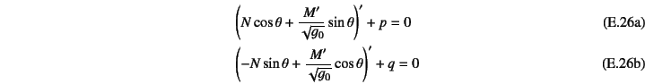\begin{manyeqns}
&& \left(N\cos\theta+\dfrac{M'}{\sqrt{g_0}}\sin\theta\right)'+p...
...& \left(-N\sin\theta+\dfrac{M'}{\sqrt{g_0}}\cos\theta\right)'+q=0
\end{manyeqns}