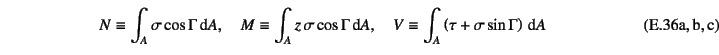 \begin{twoeqns}
\EQab
N\equiv\int_A \sigma\cos\Gamma\dint A,\quad
\EQab
M\equiv\...
...quad
\EQab
V\equiv\int_A \left(\tau+\sigma\sin\Gamma\right)\dint A
\end{twoeqns}